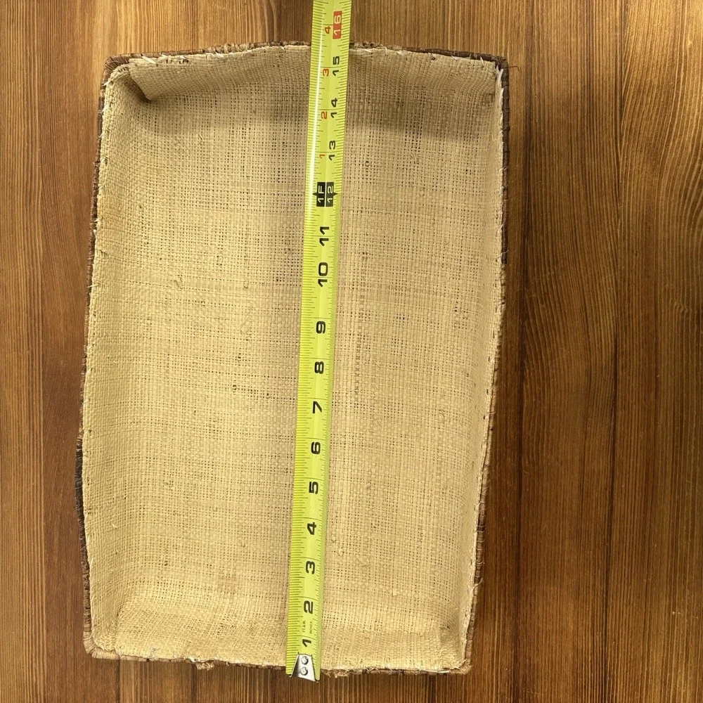 Vintage Rustic Bark Look Decorative Basket Tray Floral Trim Burlap Lined Decor